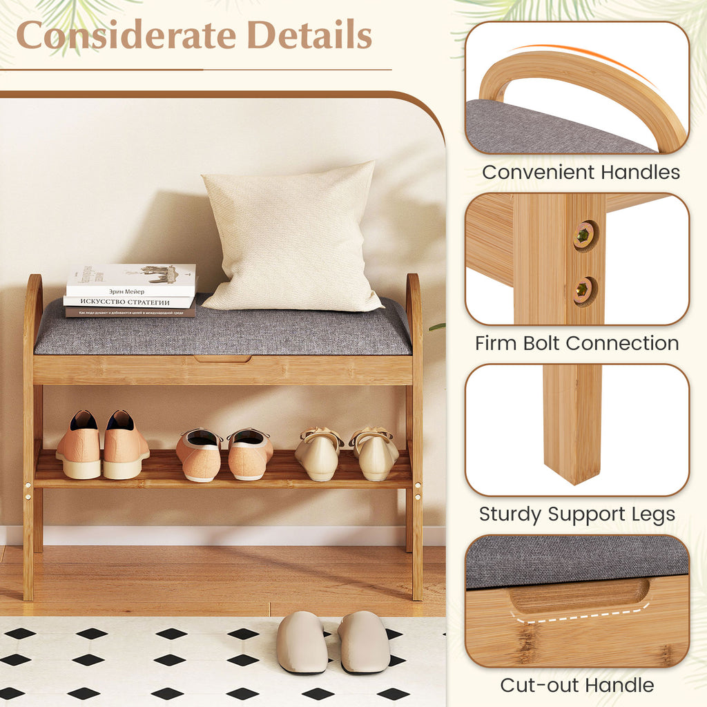 2-Tier Bamboo Shoe Bench with Storage and Padded Cushion