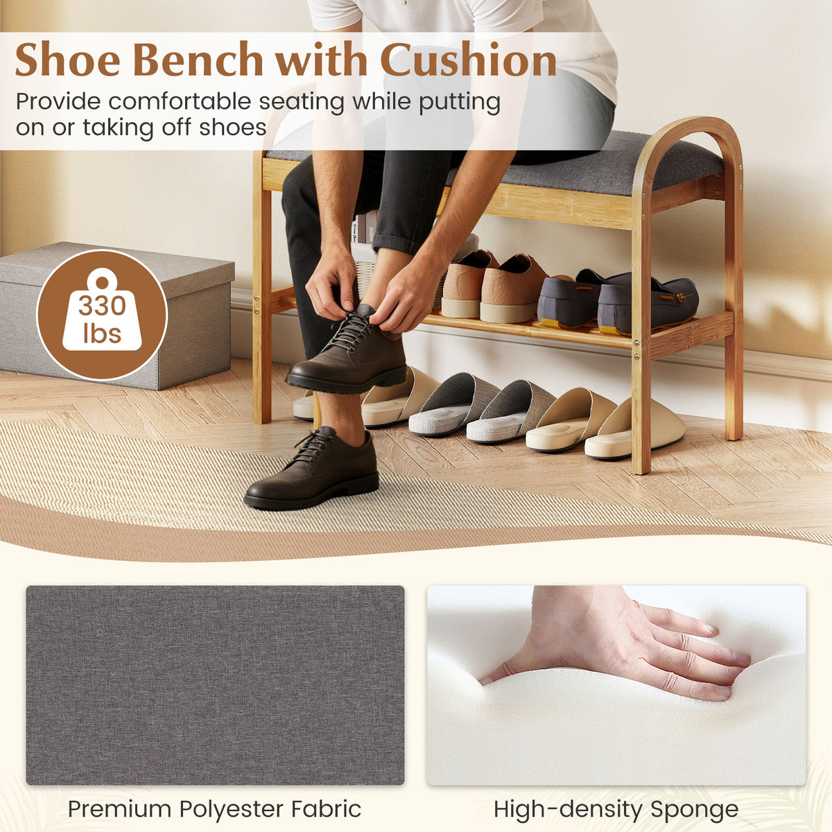 2-Tier Bamboo Shoe Bench with Storage and Padded Cushion