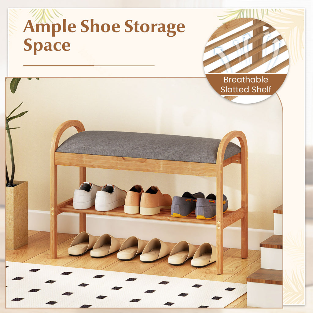 2-Tier Bamboo Shoe Bench with Storage and Padded Cushion