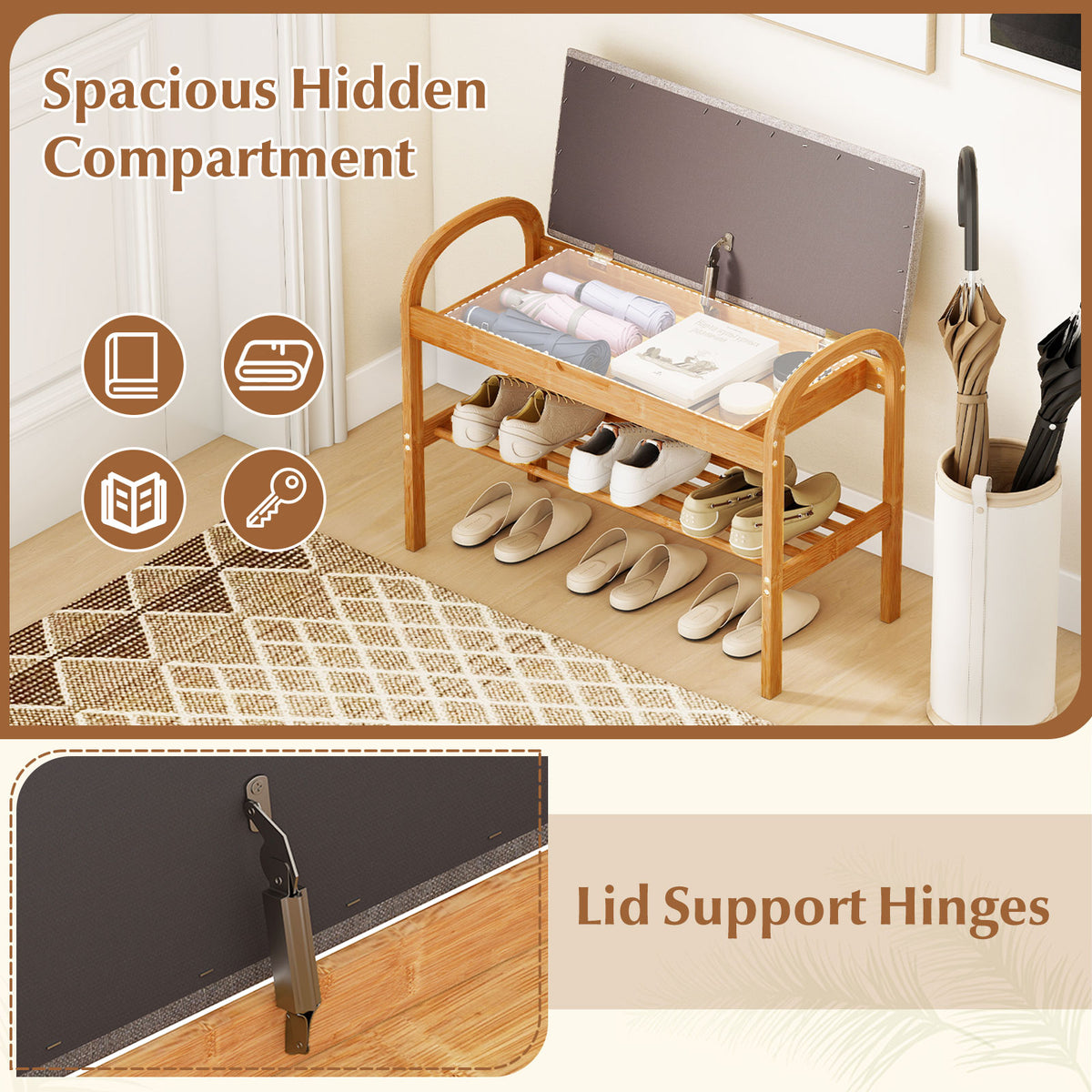 2-Tier Bamboo Shoe Bench with Storage and Padded Cushion