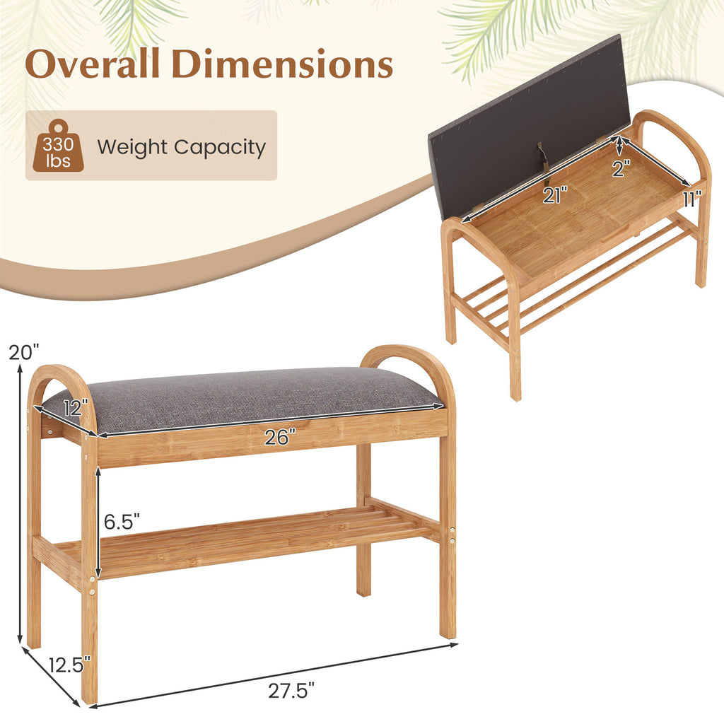 2-Tier Bamboo Shoe Bench with Storage and Padded Cushion