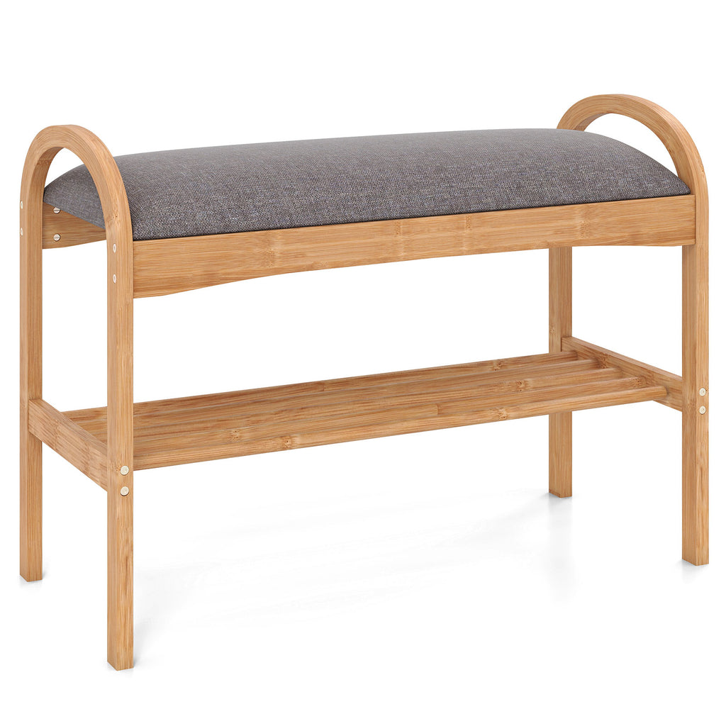 Bamboo Shoe Bench with Padded Cushion & Shelf – Gray