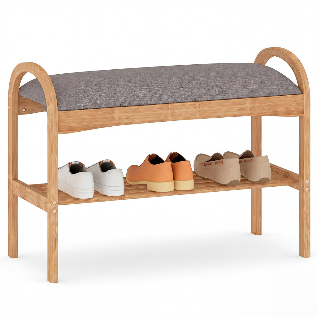 Bamboo Shoe Bench with Padded Cushion & Shelf – Gray