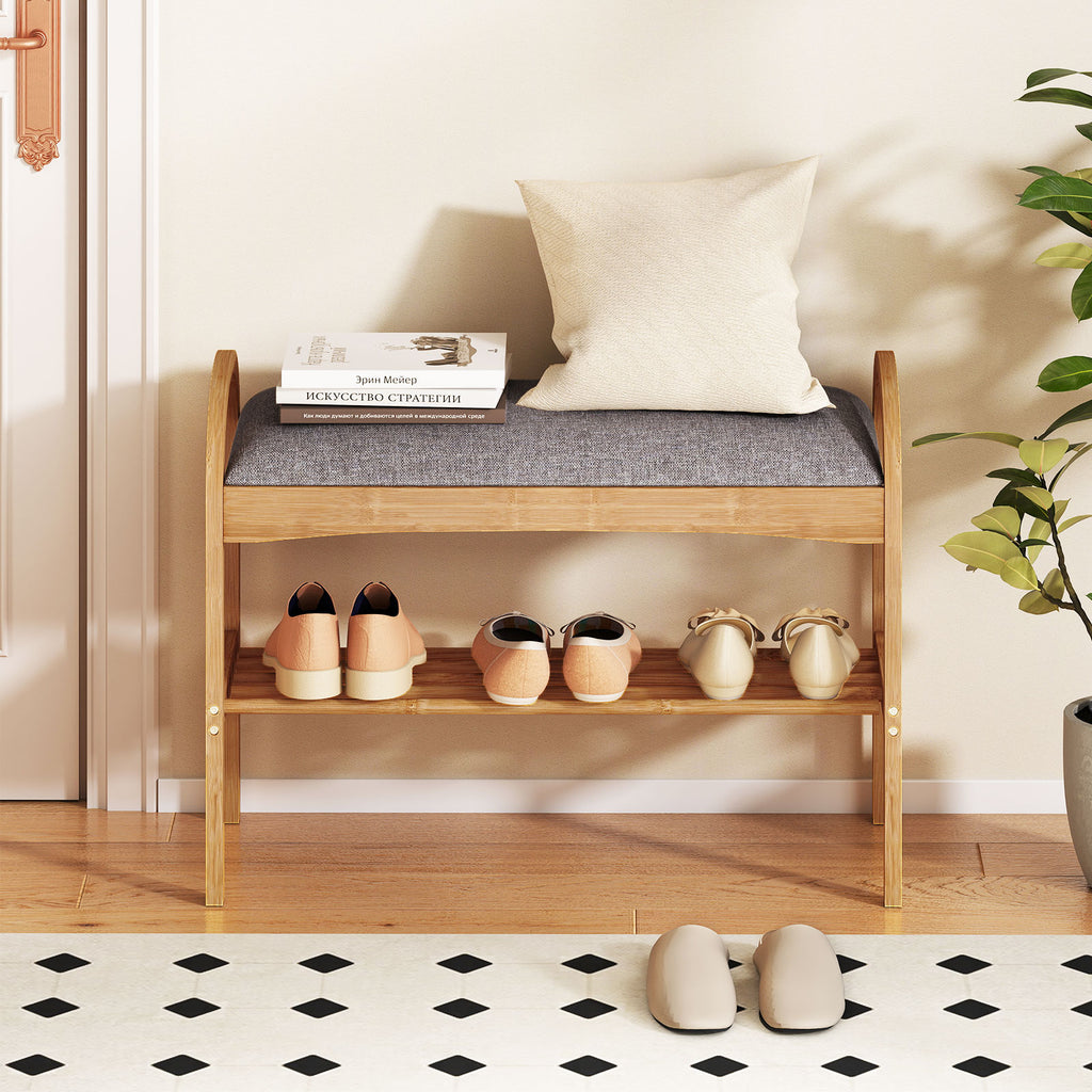 Bamboo Shoe Bench with Padded Cushion & Shelf – Gray