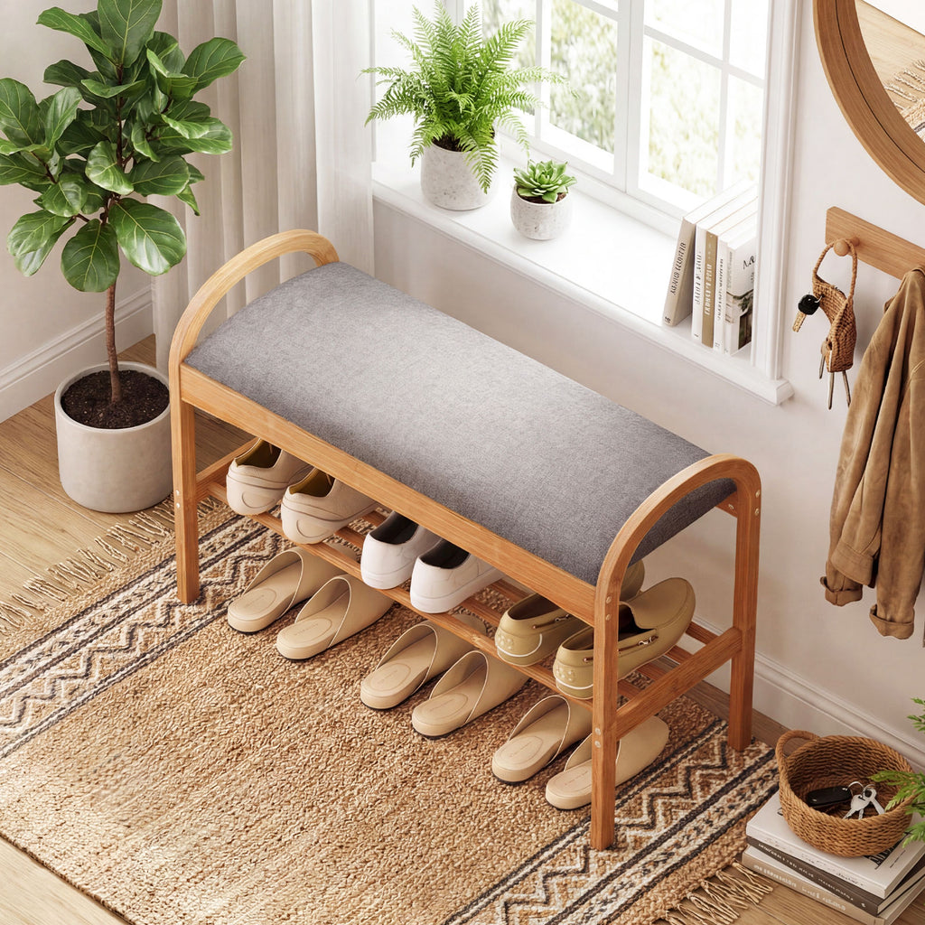 Bamboo Shoe Bench with Padded Cushion & Shelf – Gray