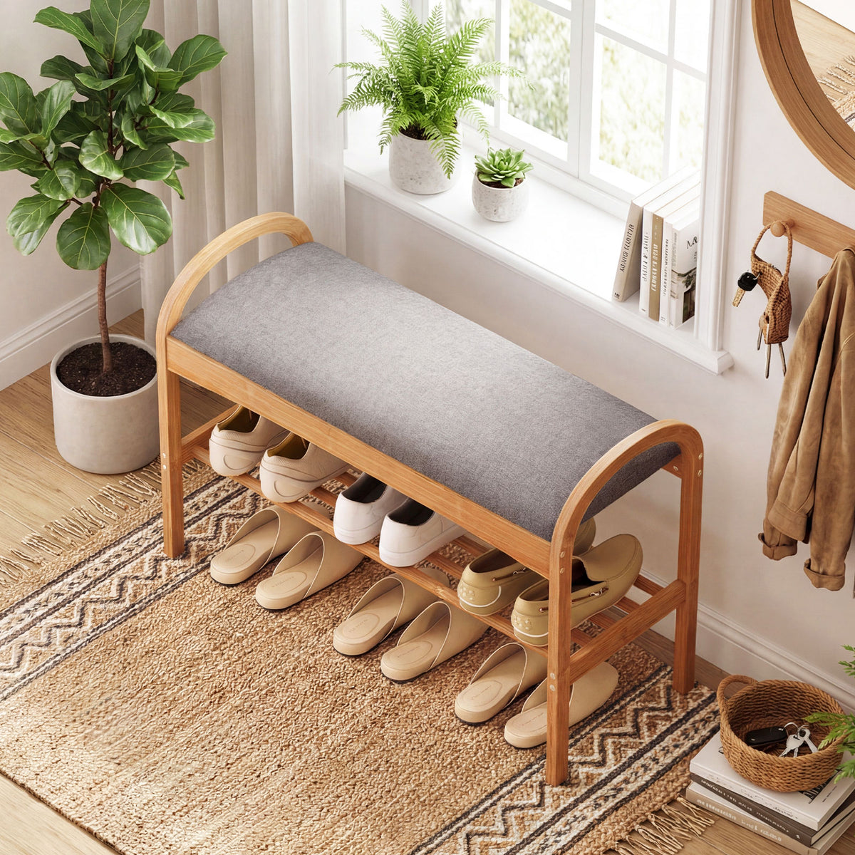 Bamboo Shoe Bench with Padded Cushion & Shelf – Gray