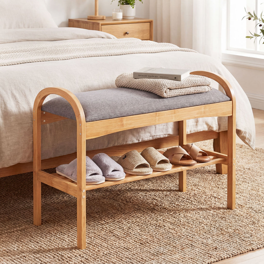 Bamboo Shoe Bench with Padded Cushion & Shelf – Gray