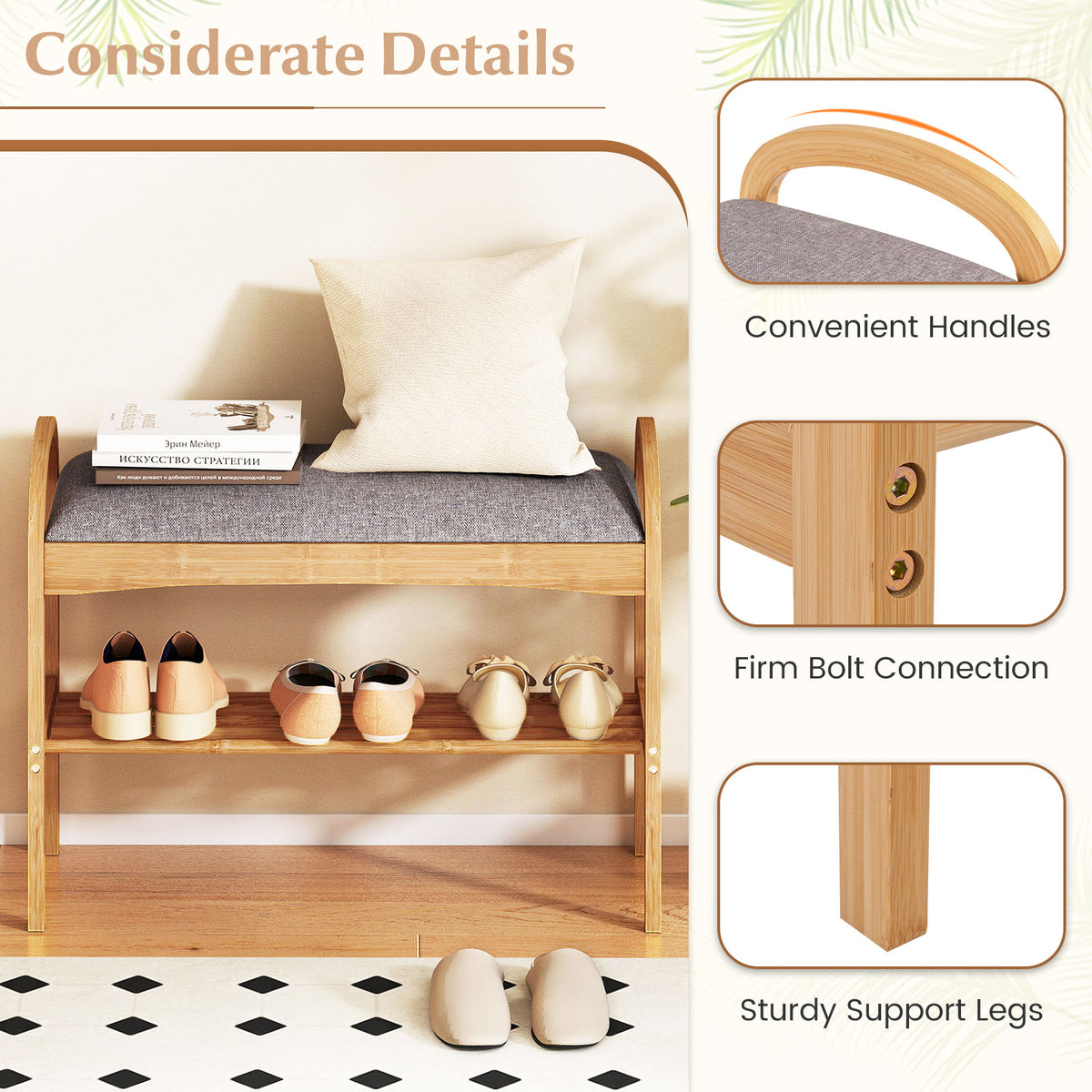 Bamboo Shoe Bench with Padded Cushion & Shelf – Gray