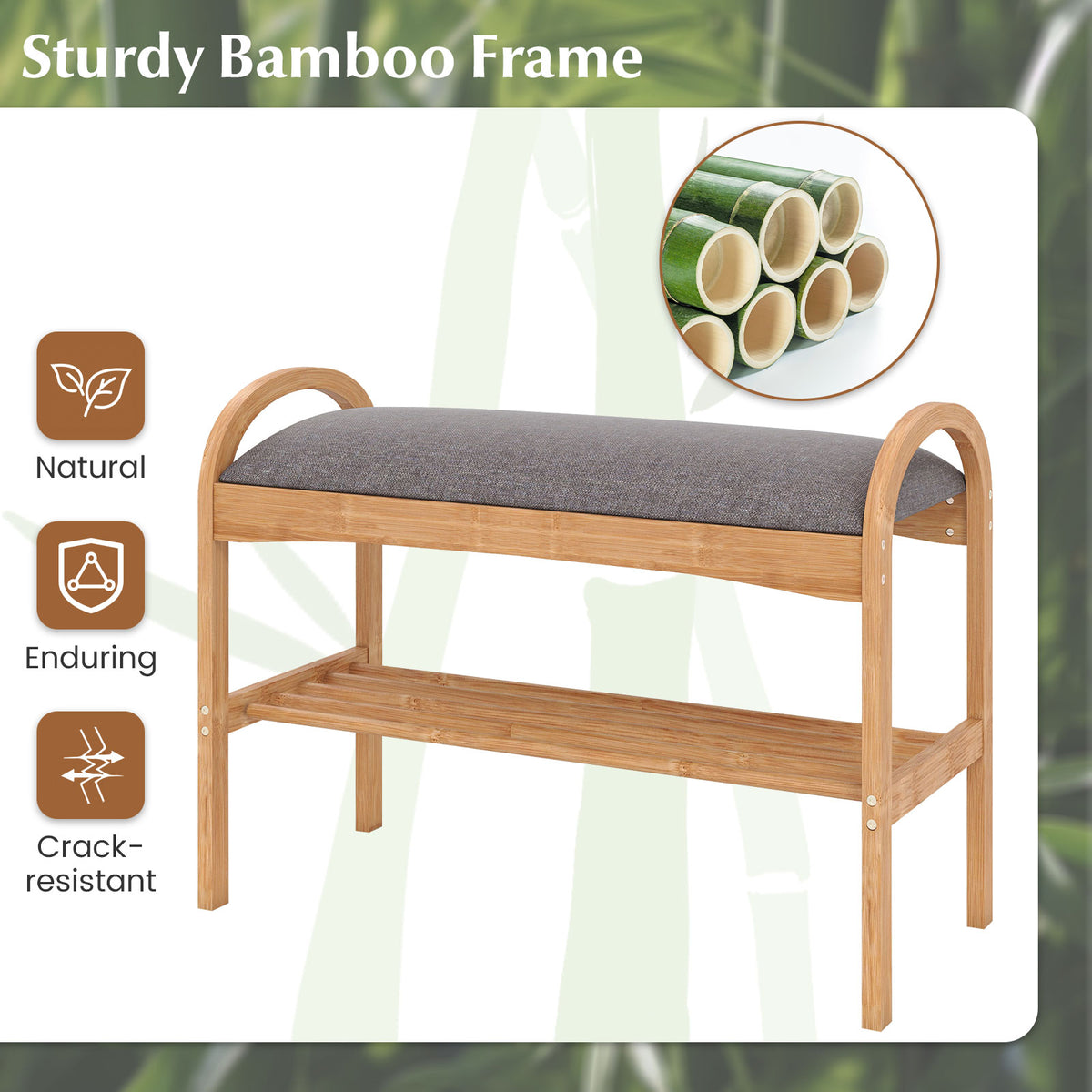 Bamboo Shoe Bench with Padded Cushion & Shelf – Gray