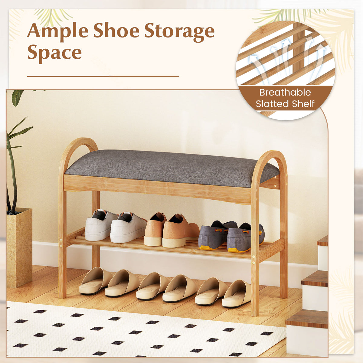 Bamboo Shoe Bench with Padded Cushion & Shelf – Gray