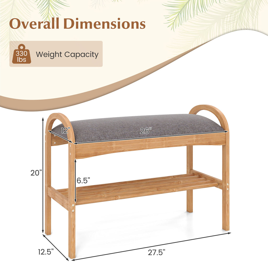 Bamboo Shoe Bench with Padded Cushion & Shelf – Gray