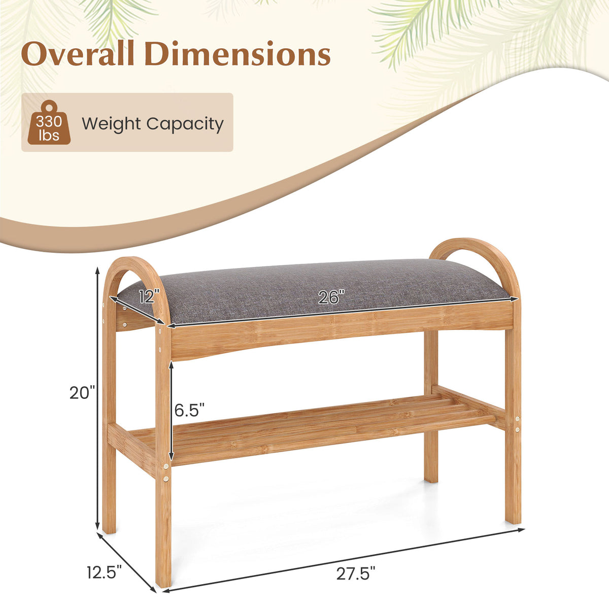 Bamboo Shoe Bench with Padded Cushion & Shelf – Gray