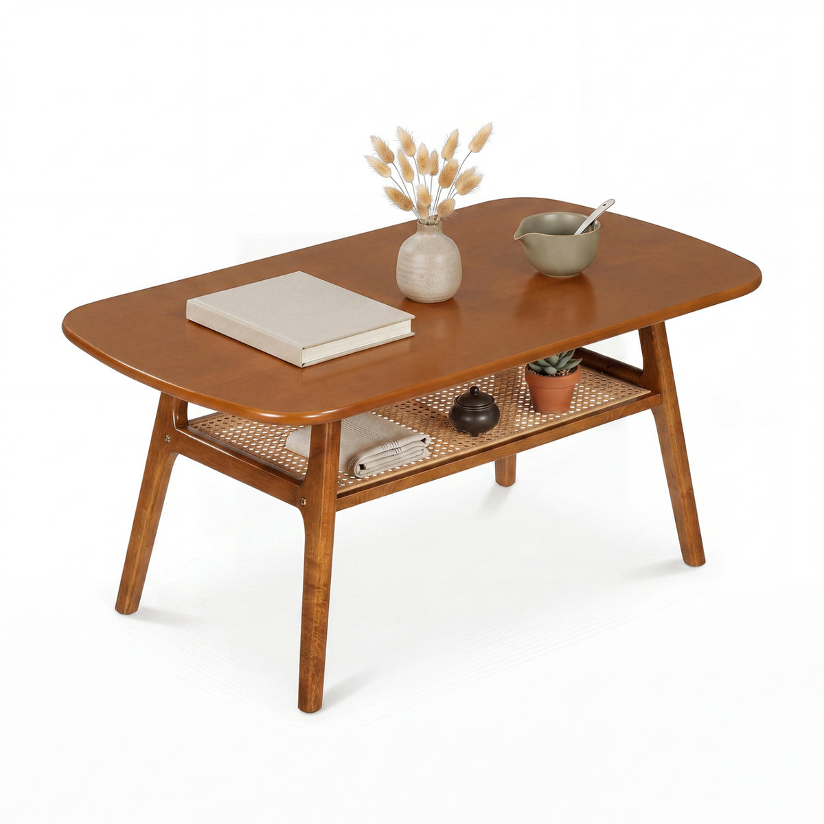 2-Tier Boho Rattan Coffee Table, Walnut