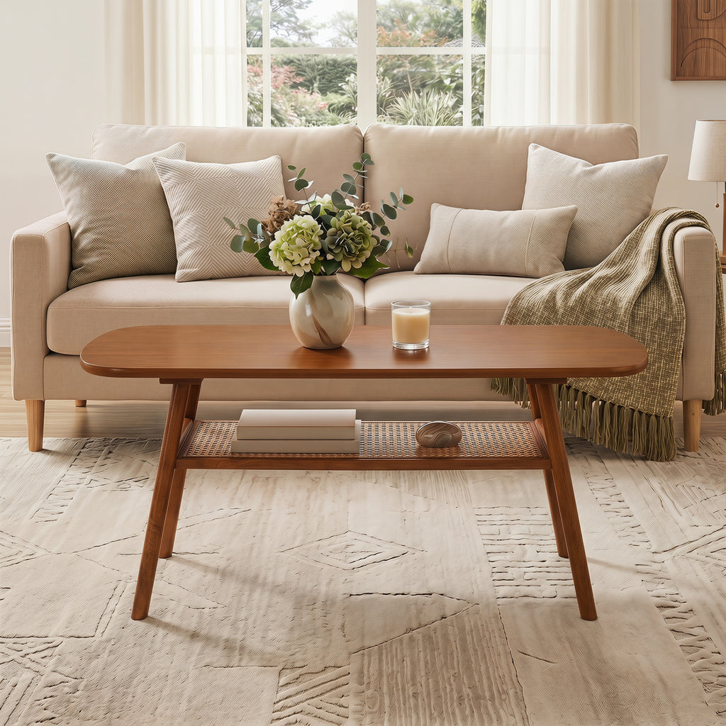 2-Tier Boho Rattan Coffee Table, Walnut