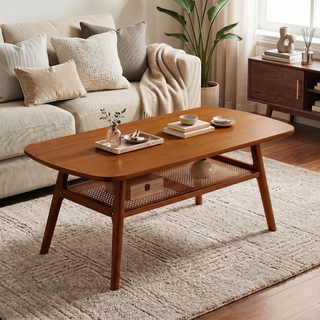 2-Tier Boho Rattan Coffee Table, Walnut