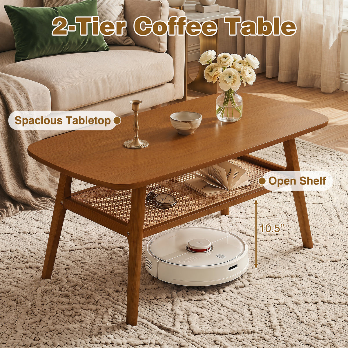 2-Tier Boho Rattan Coffee Table, Walnut