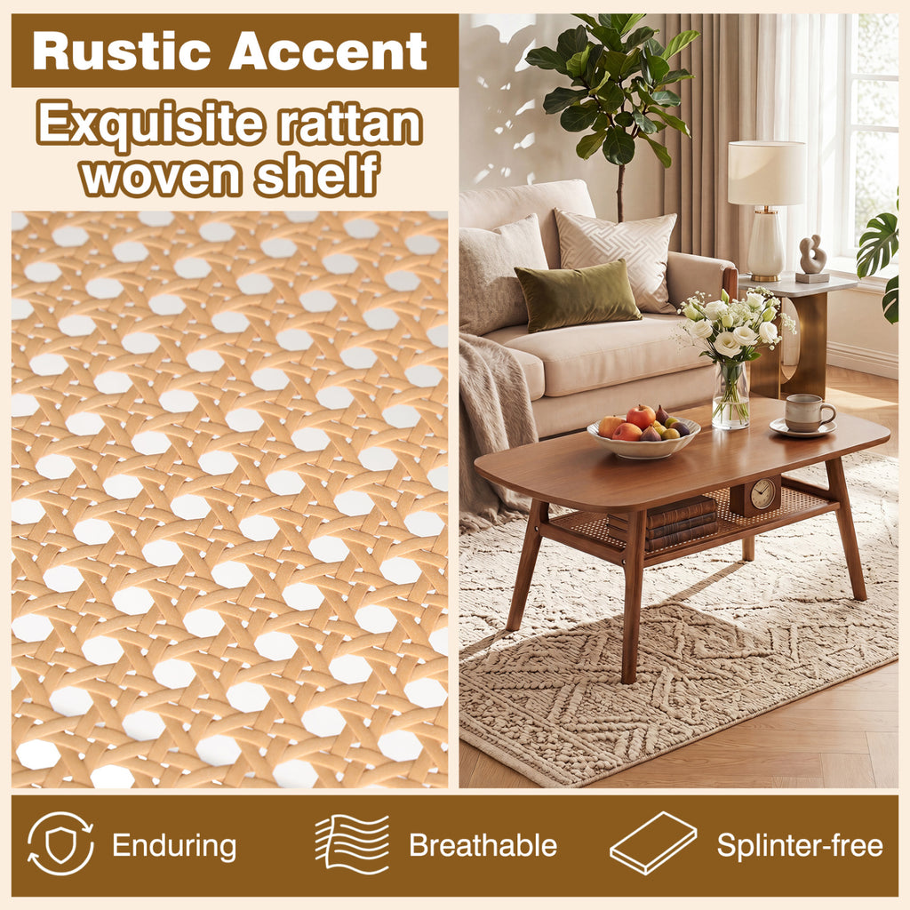 2-Tier Boho Rattan Coffee Table, Walnut