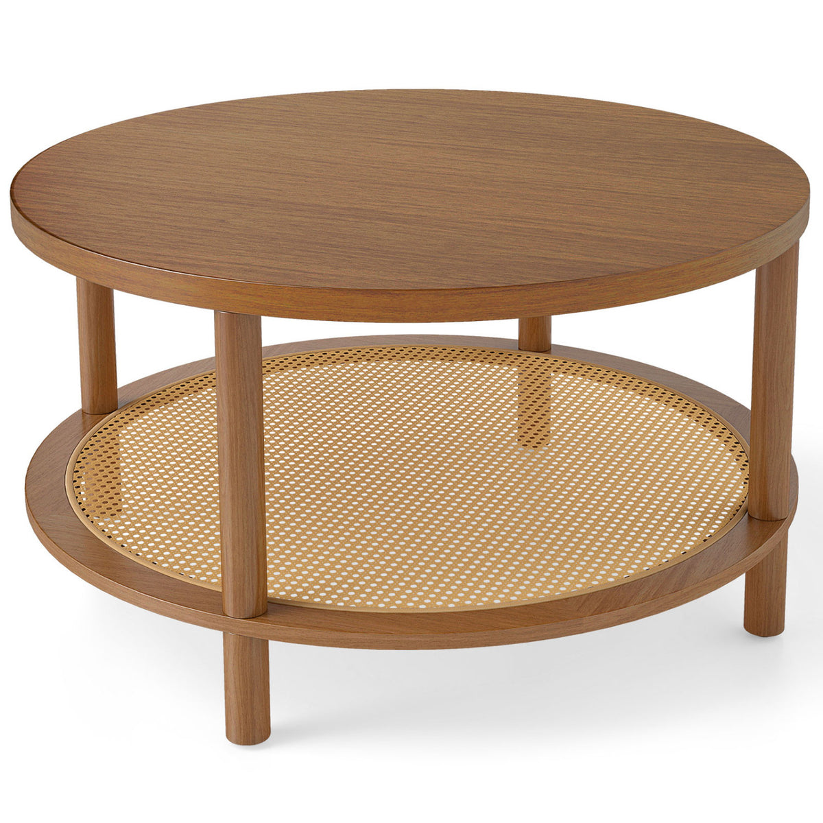 2-Tier Boho Round Rattan Coffee Table with Storage Shelf - Walnut