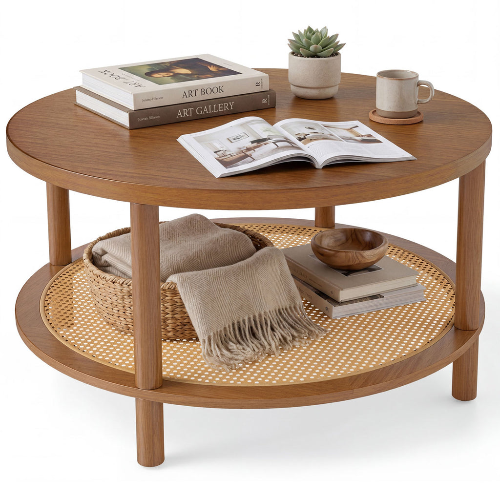 2-Tier Boho Round Rattan Coffee Table with Storage Shelf - Walnut