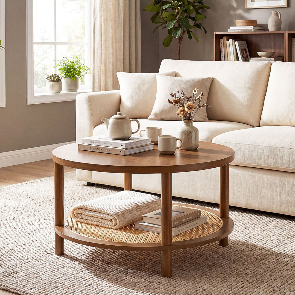 2-Tier Boho Round Rattan Coffee Table with Storage Shelf - Walnut