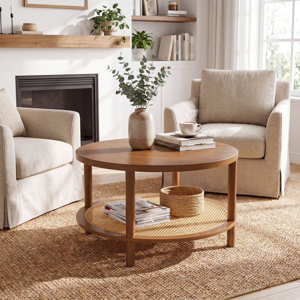 2-Tier Boho Round Rattan Coffee Table with Storage Shelf - Walnut