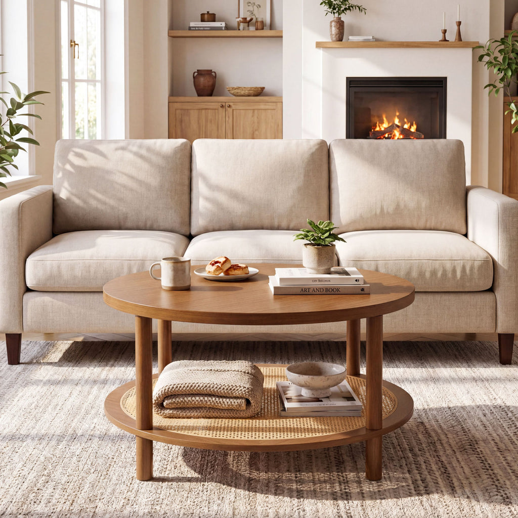 2-Tier Boho Round Rattan Coffee Table with Storage Shelf - Walnut