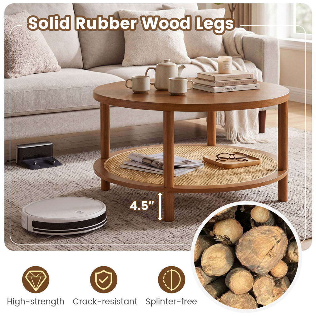 2-Tier Boho Round Rattan Coffee Table with Storage Shelf - Walnut