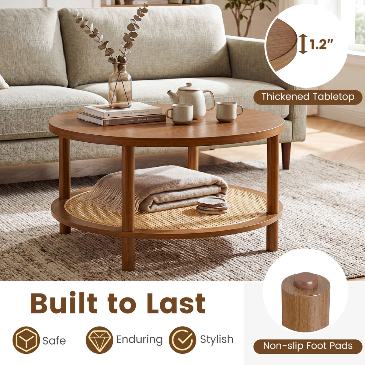 2-Tier Boho Round Rattan Coffee Table with Storage Shelf - Walnut