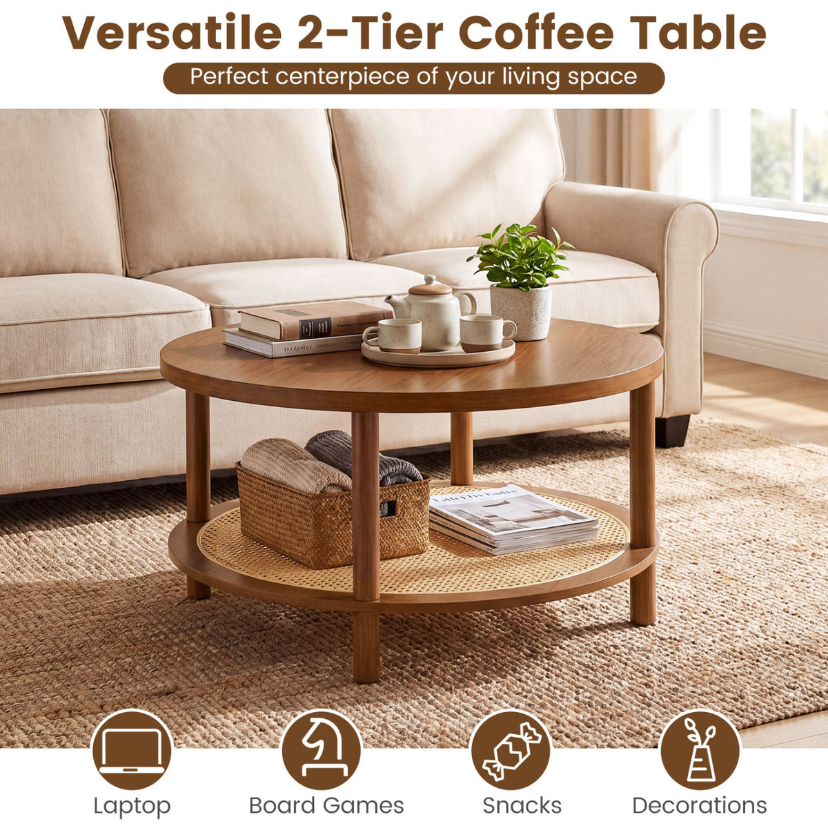 2-Tier Boho Round Rattan Coffee Table with Storage Shelf - Walnut