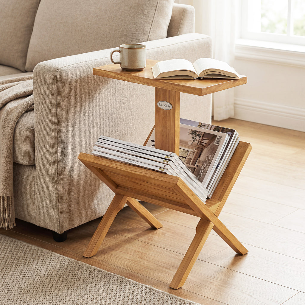 2-Tier Side Table with Teak Wood Frame & Magazine Rack
