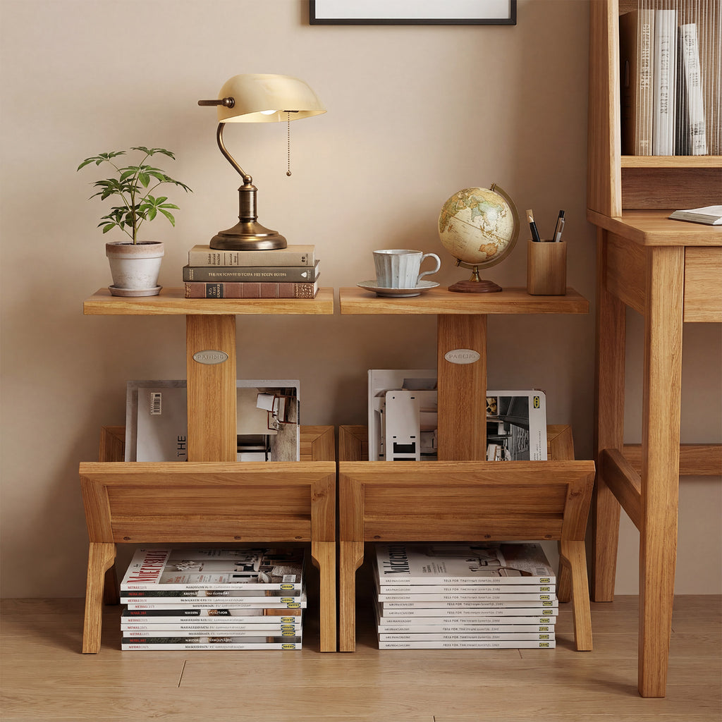 2-Tier Side Table with Teak Wood Frame & Magazine Rack