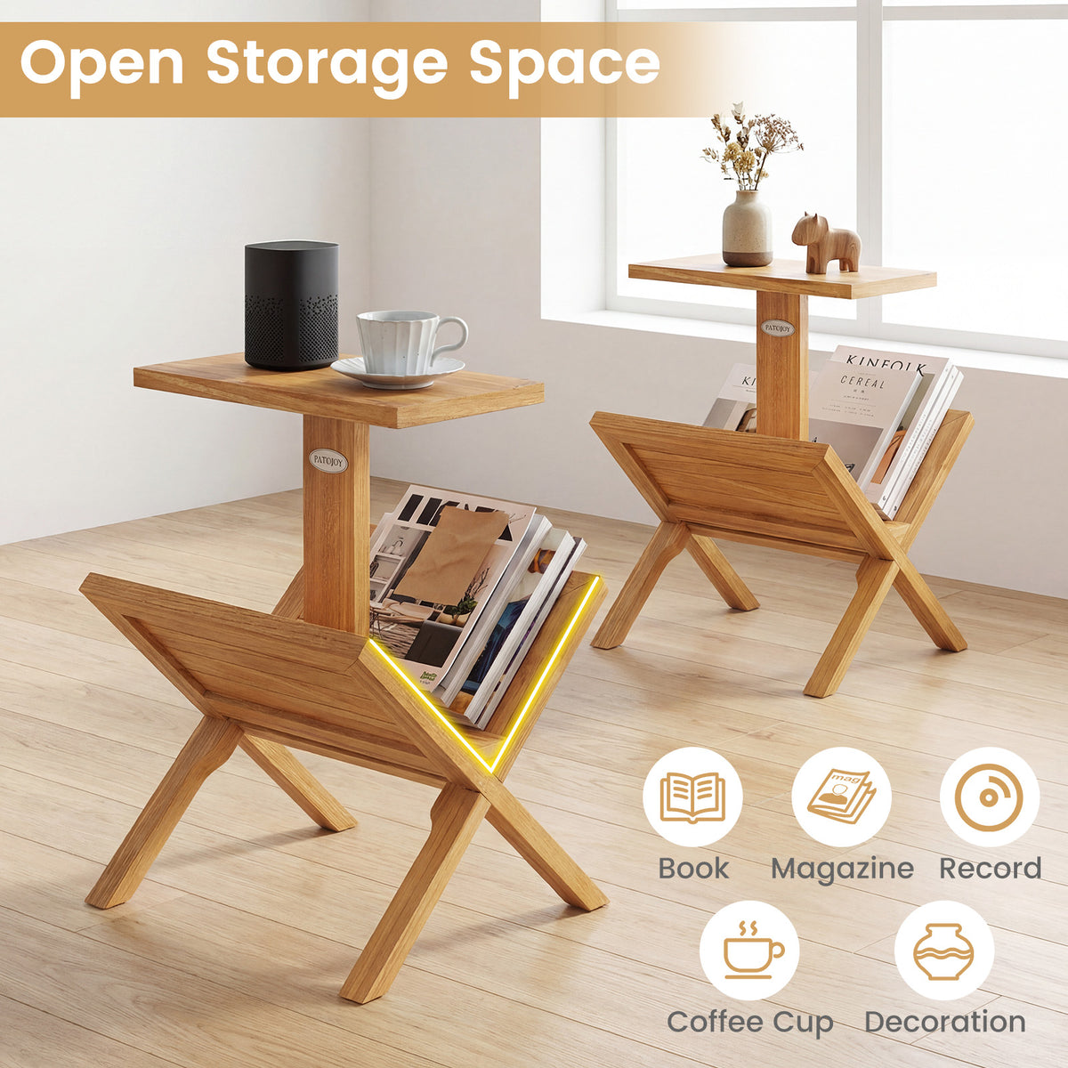 2-Tier Side Table with Teak Wood Frame & Magazine Rack