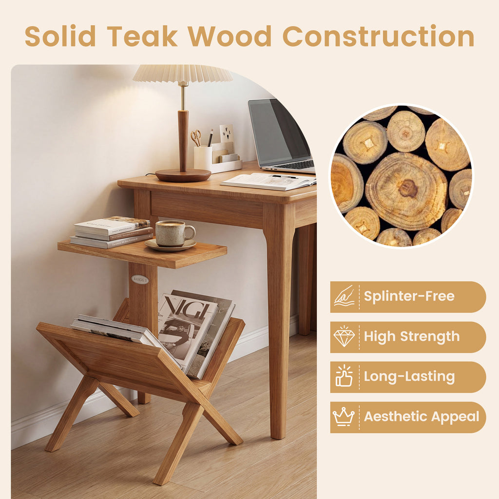 2-Tier Side Table with Teak Wood Frame & Magazine Rack