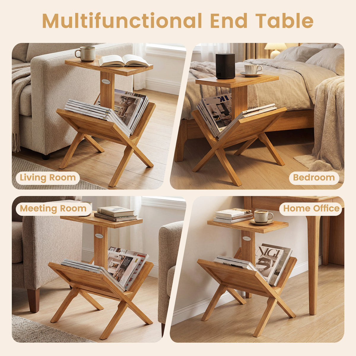2-Tier Side Table with Teak Wood Frame & Magazine Rack