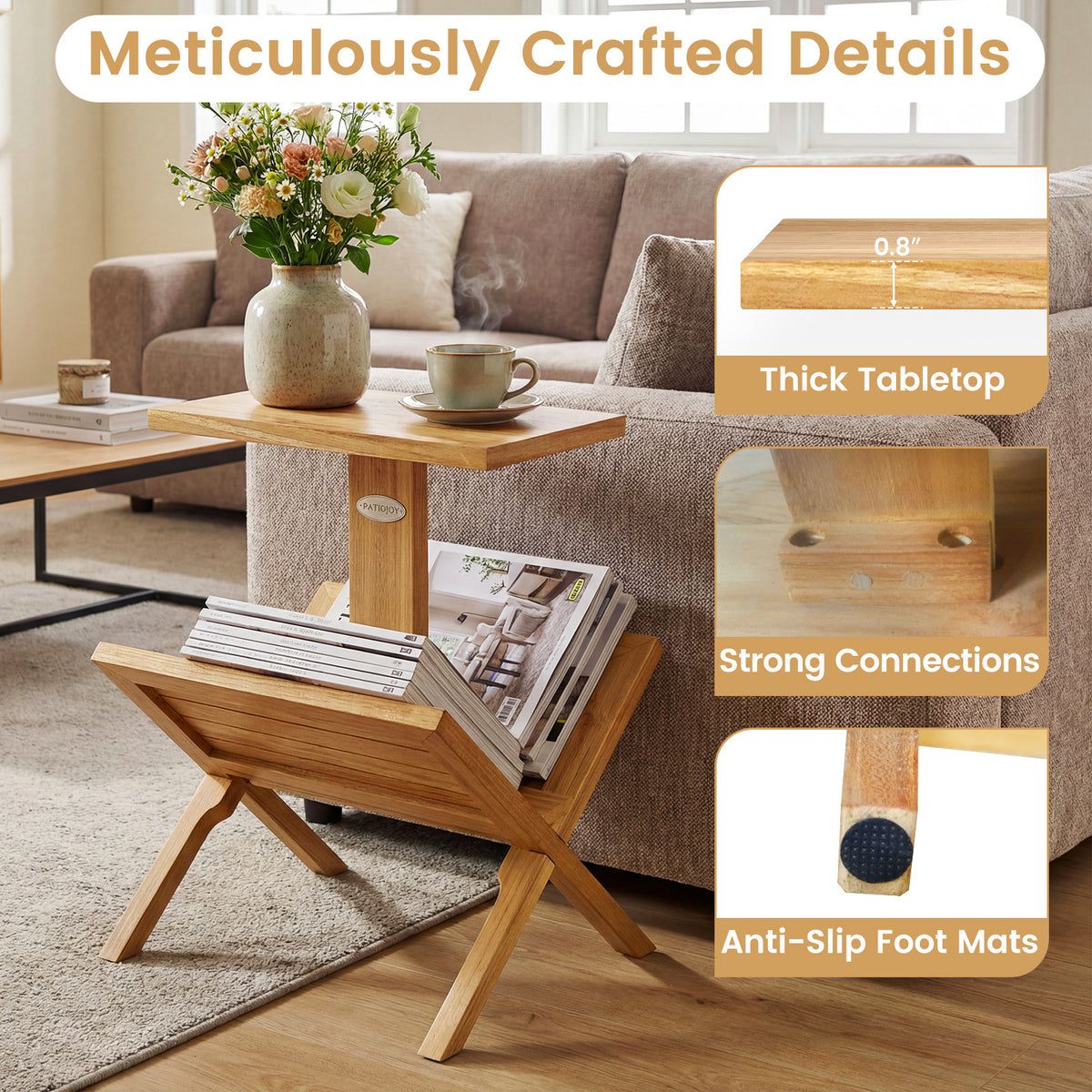 2-Tier Side Table with Teak Wood Frame & Magazine Rack