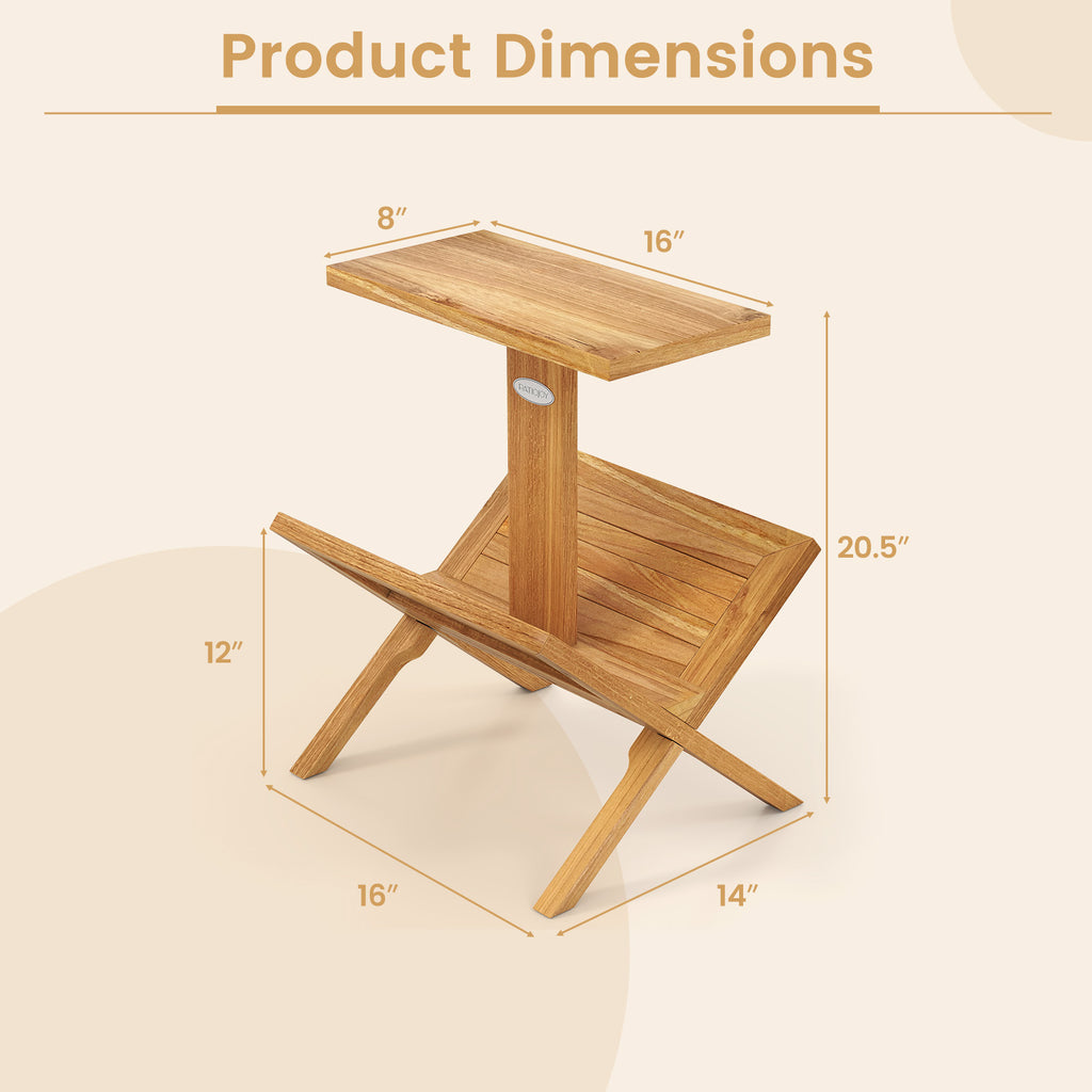 2-Tier Side Table with Teak Wood Frame & Magazine Rack