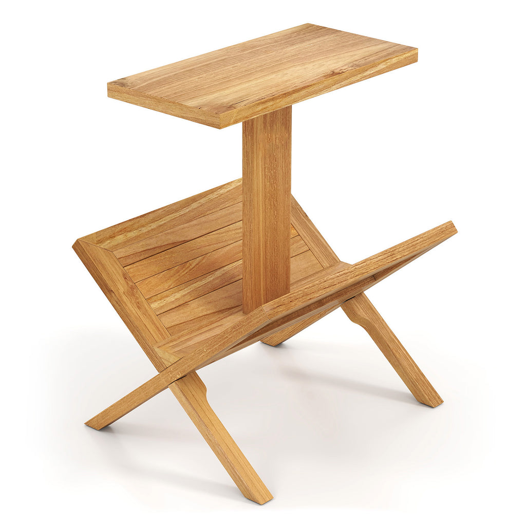 Teak Wood C-Shaped Side Table - 2-Tier Narrow Design