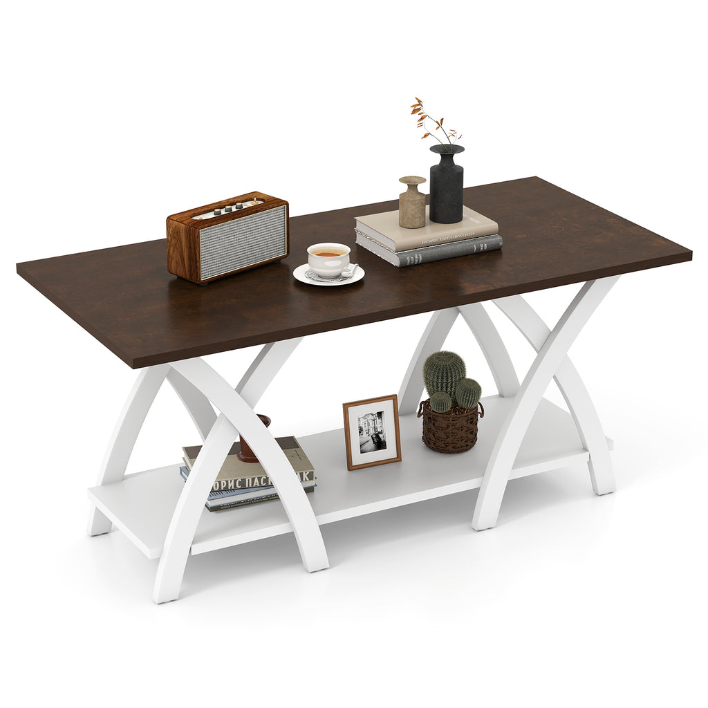 40" Farmhouse Coffee Table with Storage Shelf – Walnut & White