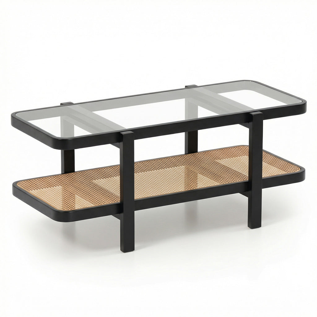 2-Tier Coffee Table with Storage and Tempered Glass Tabletop, Black