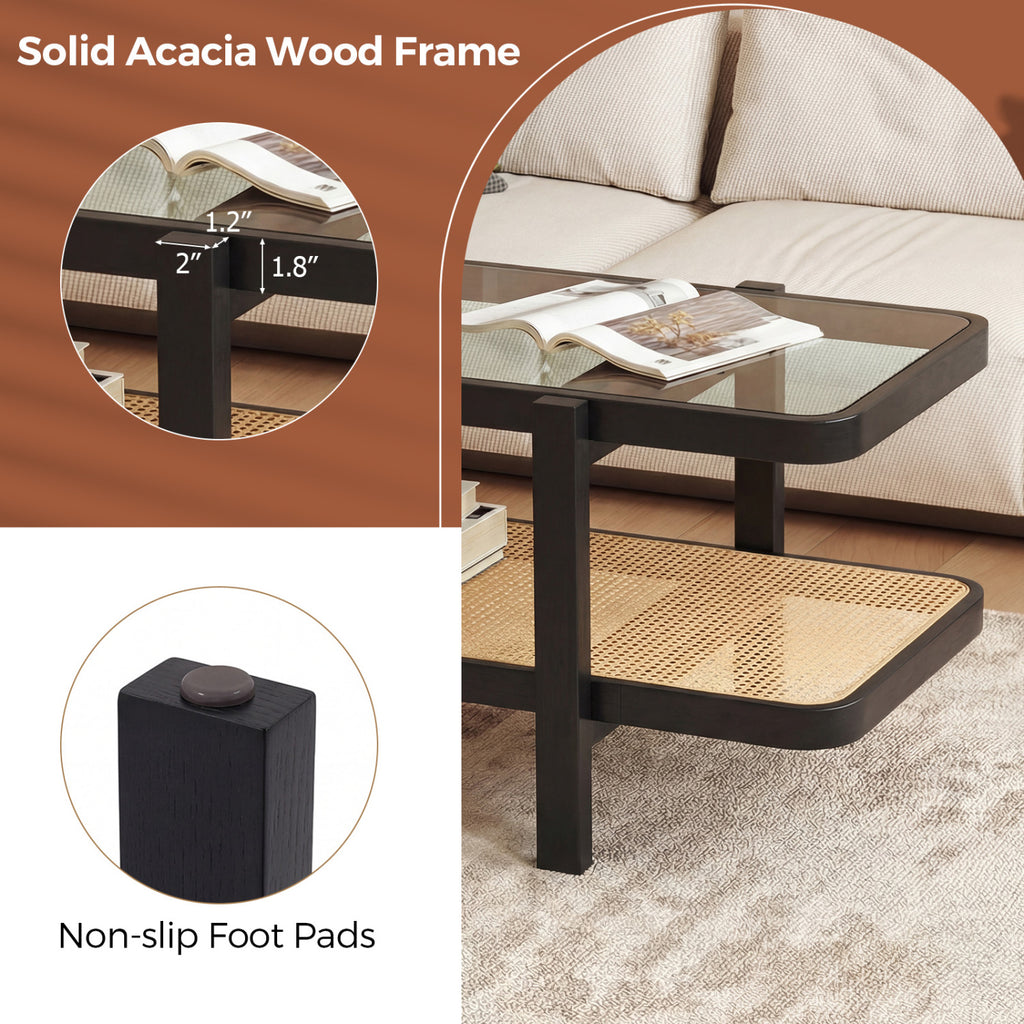 2-Tier Coffee Table with Storage and Tempered Glass Tabletop, Black