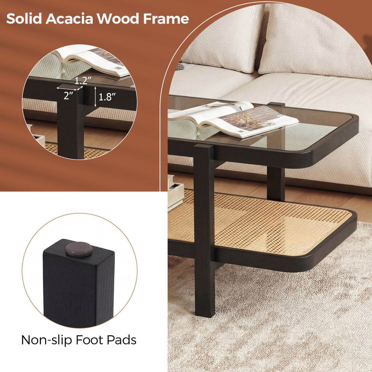 2-Tier Coffee Table with Storage and Tempered Glass Tabletop, Black