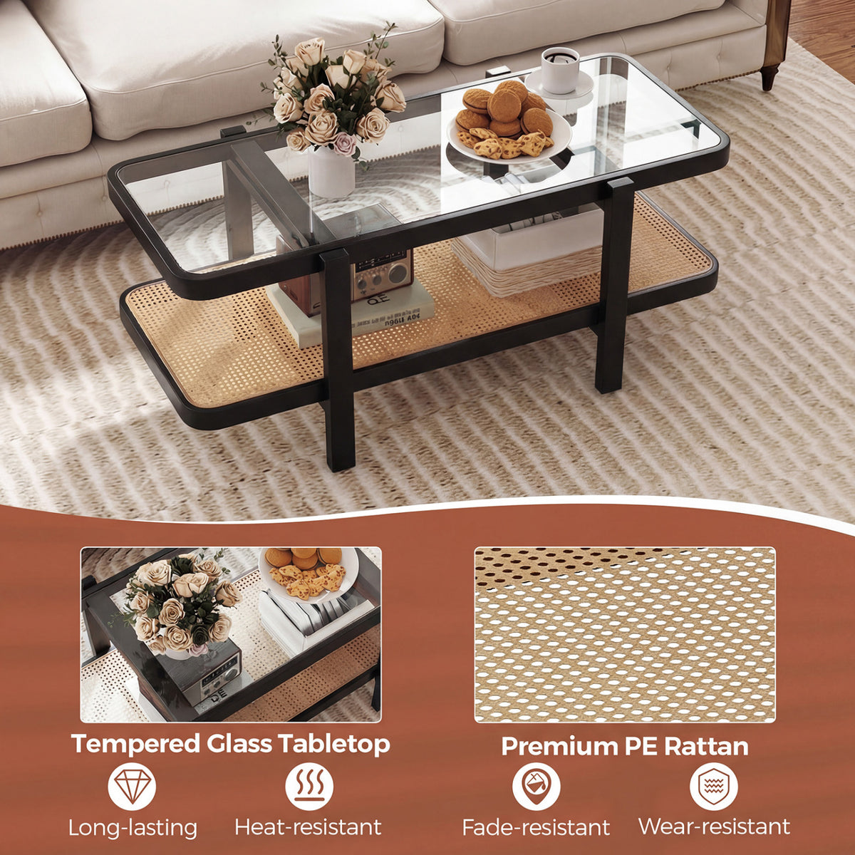 2-Tier Coffee Table with Storage and Tempered Glass Tabletop, Black