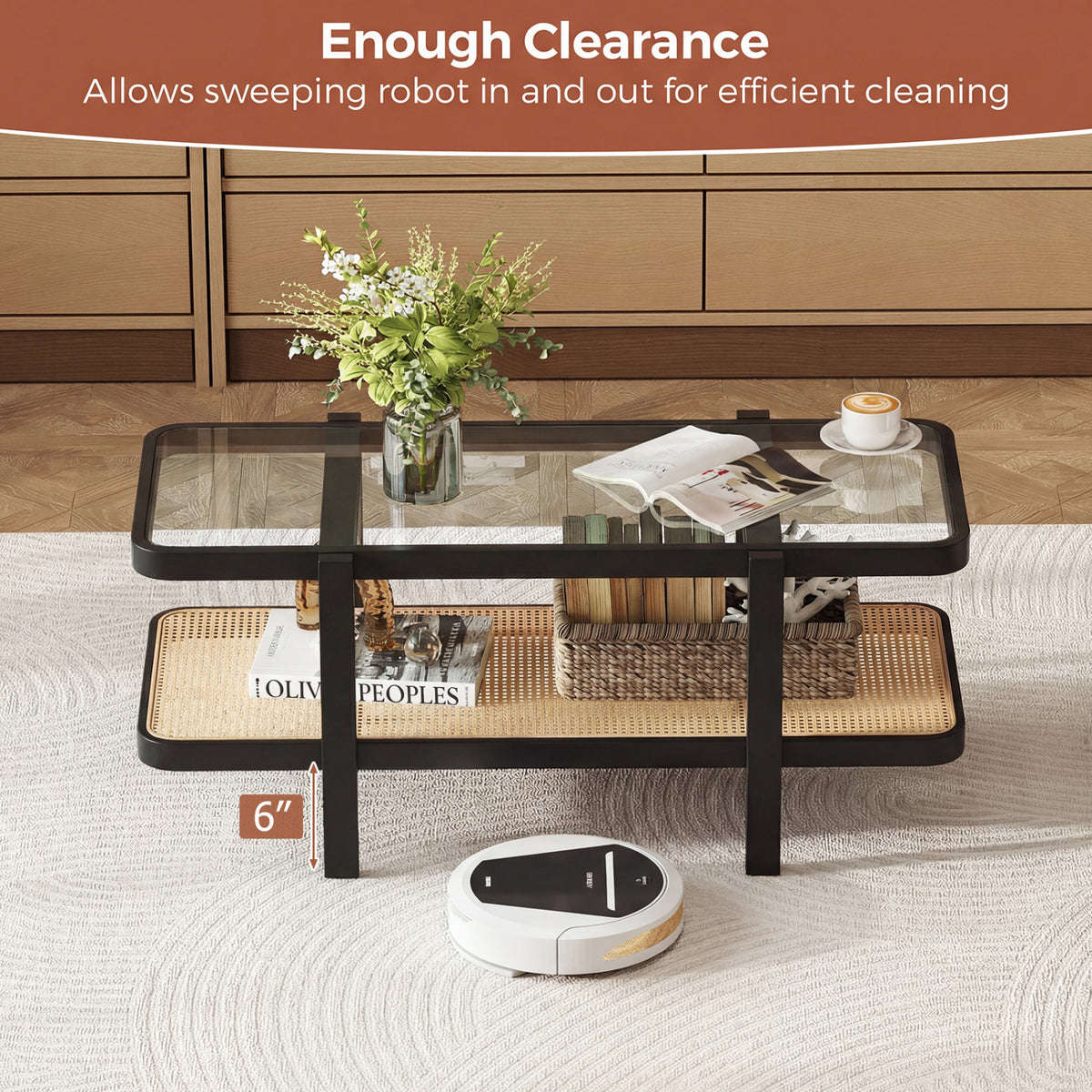 2-Tier Coffee Table with Storage and Tempered Glass Tabletop, Black