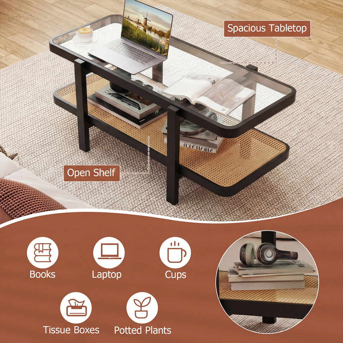 2-Tier Coffee Table with Storage and Tempered Glass Tabletop, Black