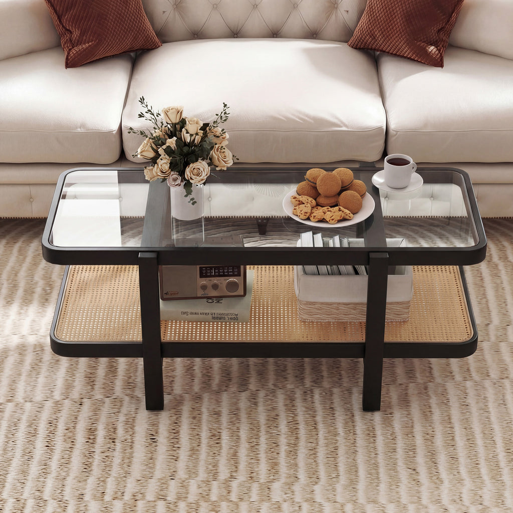 2-Tier Coffee Table with Storage and Tempered Glass Tabletop, Black