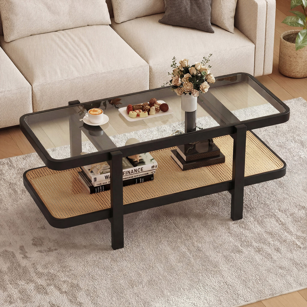 2-Tier Coffee Table with Storage and Tempered Glass Tabletop, Black