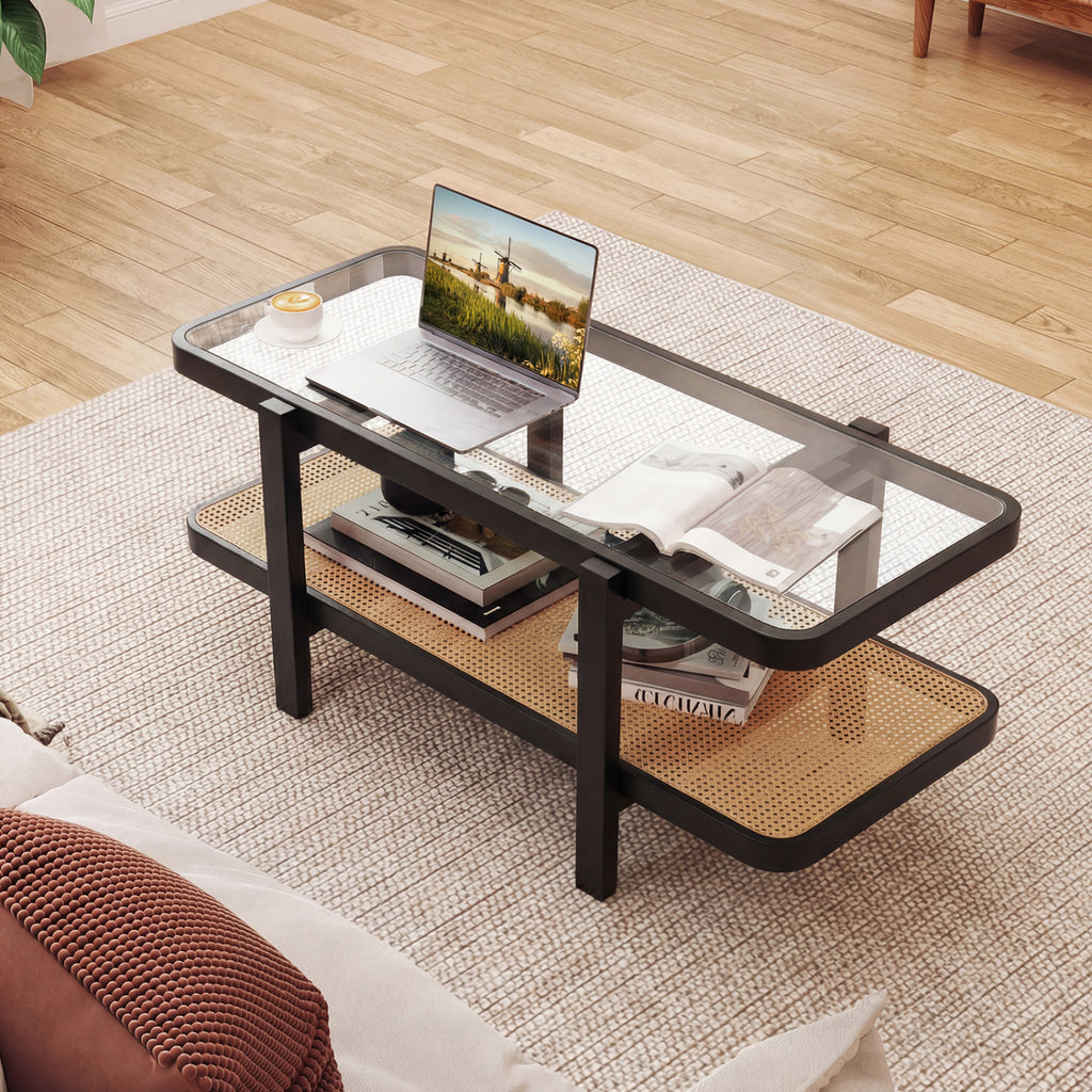 2-Tier Coffee Table with Storage and Tempered Glass Tabletop, Black