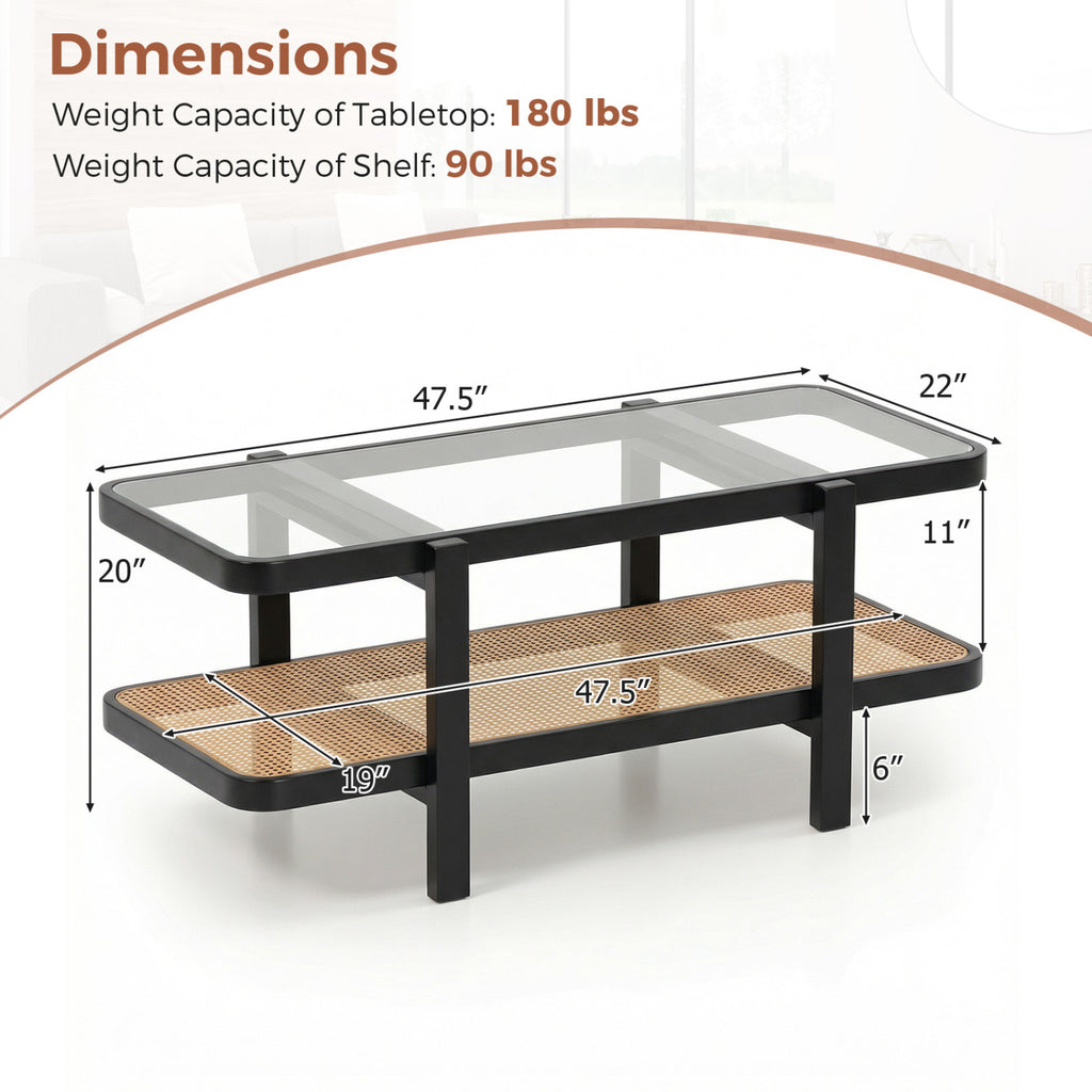 2-Tier Coffee Table with Storage and Tempered Glass Tabletop, Black