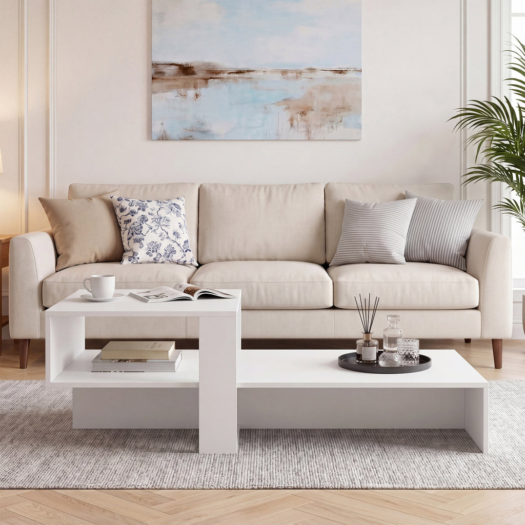 2-Tier Coffee Table Modern Irregular Center Table - White