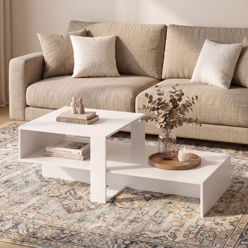 2-Tier Coffee Table Modern Irregular Center Table - White